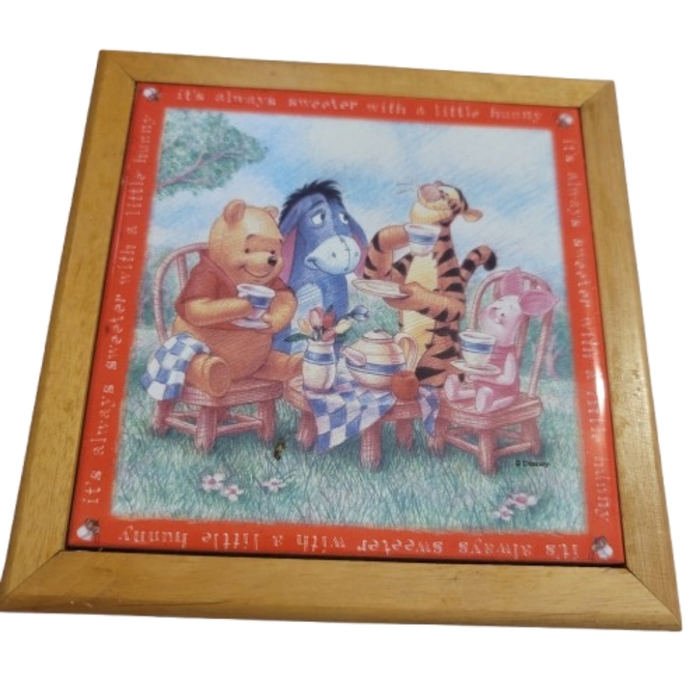 Vintage Winnie-the-Pooh tile trivet in a wooden frame